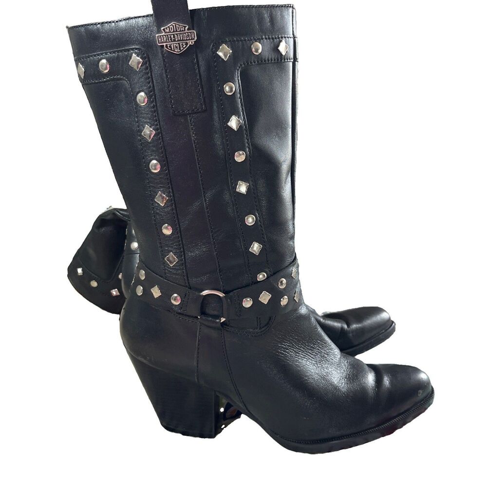 Harley Davidson Wmns 8.5 Western Studded Cowboy Boots Black Logo Zipper Leather